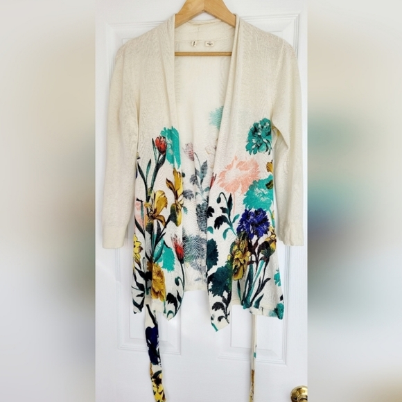 Moth by Anthropologie Women's Linen/Cotton Floral Cardigan with Belt XS - Picture 2 of 16